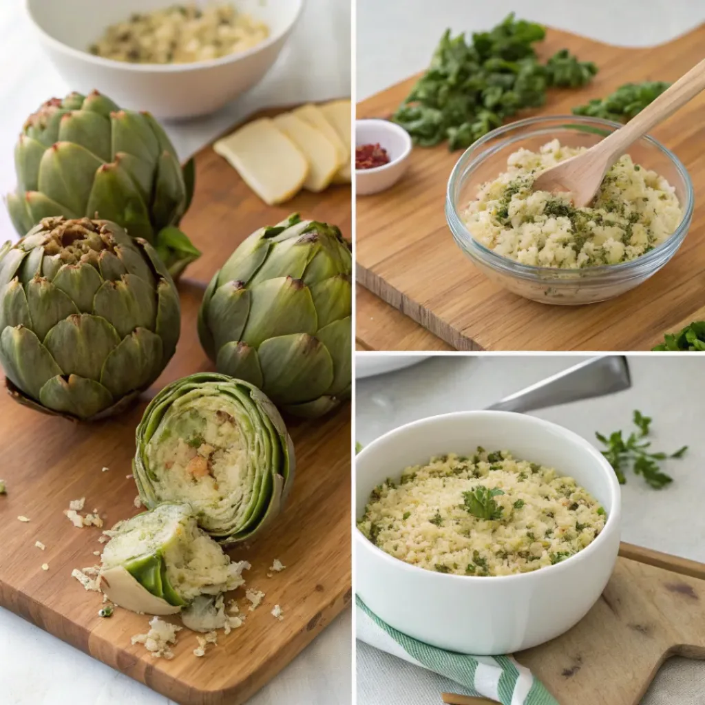 Step-by-step collage showing stuffing and baking artichokes