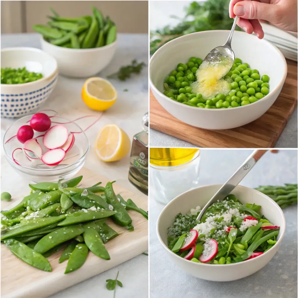 Sugar Snap Pea Salad – Crisp, Fresh Spring Favorite 7 Step-by-step collage of preparing sugar snap pea salad