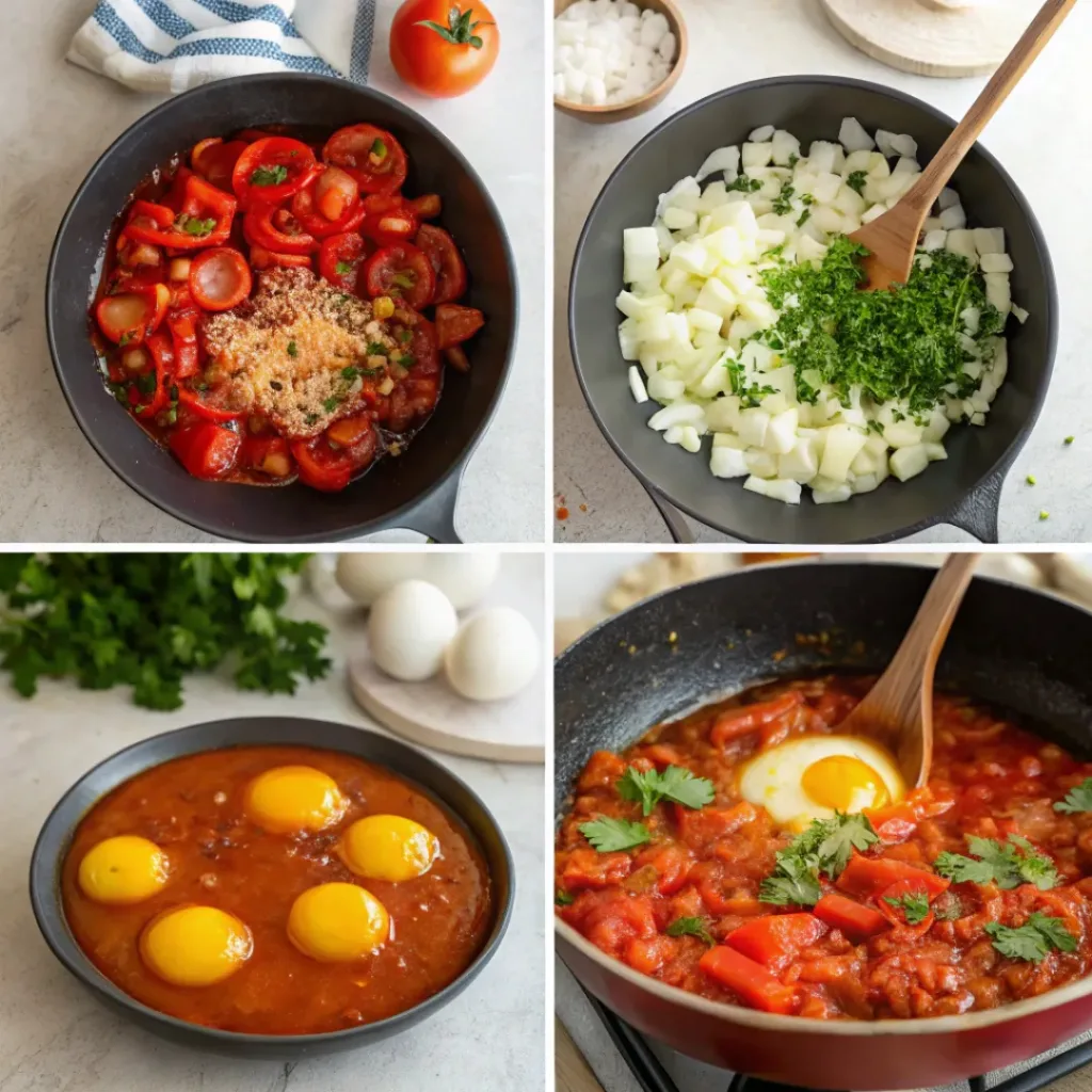 Step-by-step collage showing preparation of shakshuka