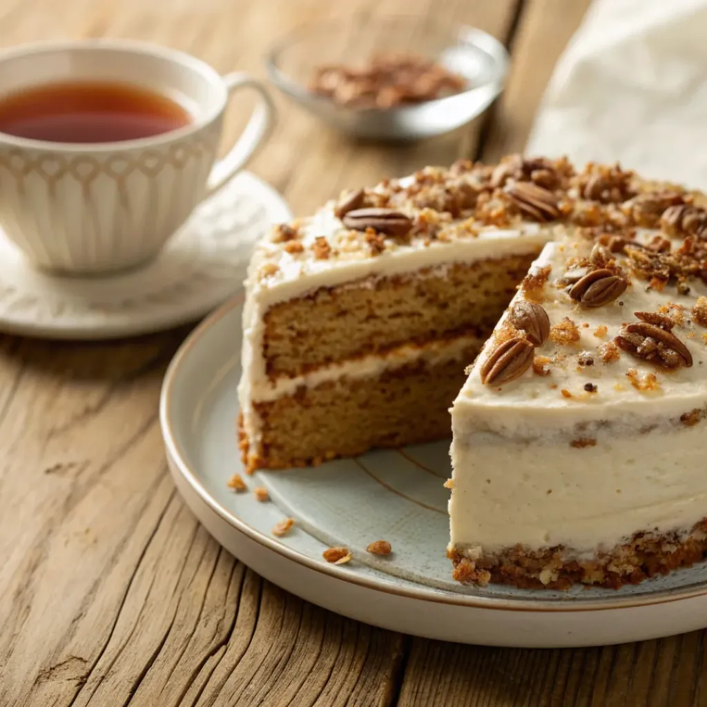 Sliced Hummingbird cake with cream cheese frosting and pecans, paired with tea
