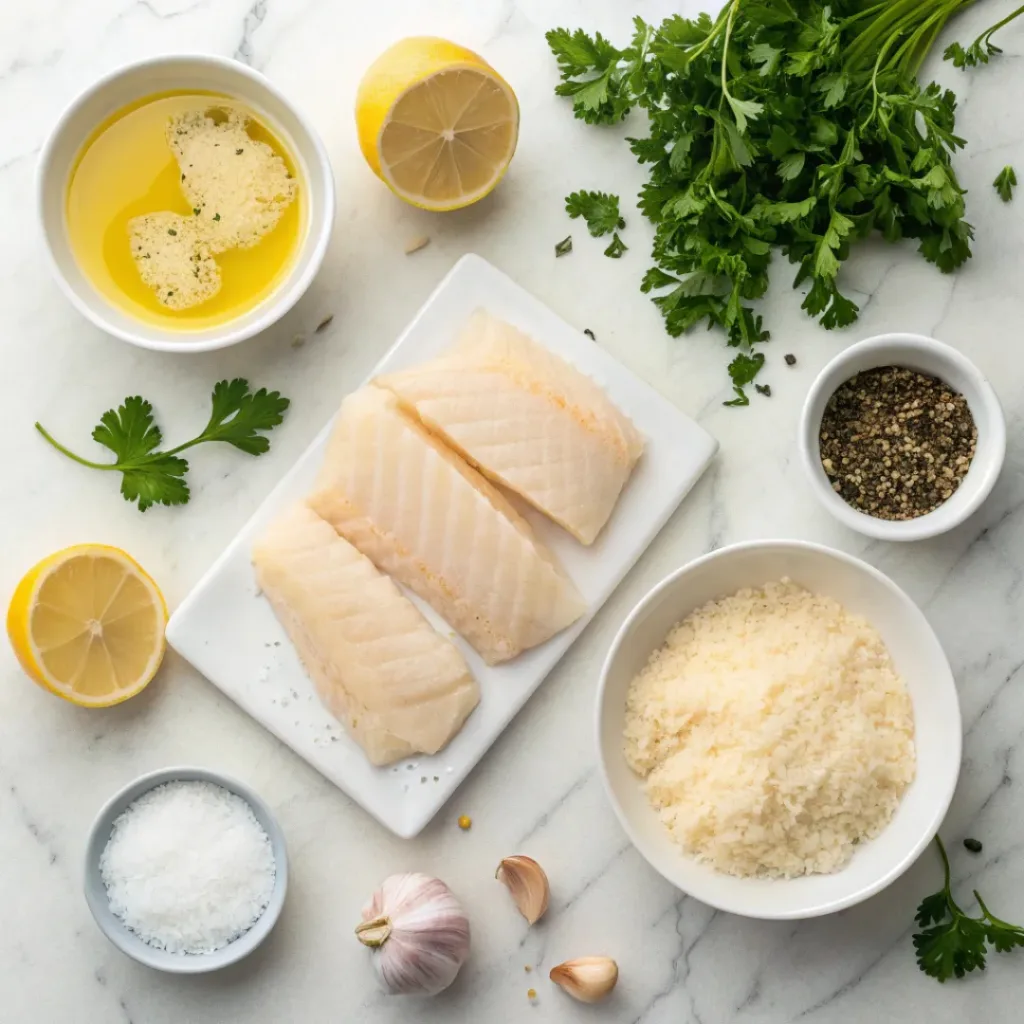 Flat lay of cod fillets, Parmesan, breadcrumbs, parsley, lemon, and garlic