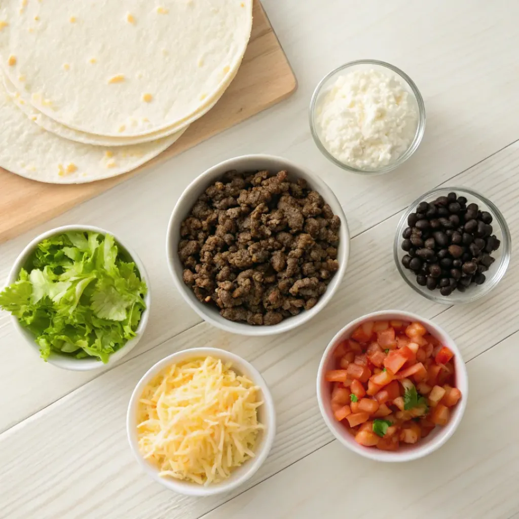 Tortillas, ground beef, rice, beans, cheese, and toppings arranged flat lay