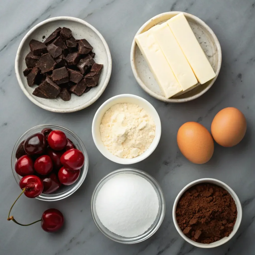 Flat lay of chocolate, cream cheese, flour, sugar, eggs, cocoa, and cherries