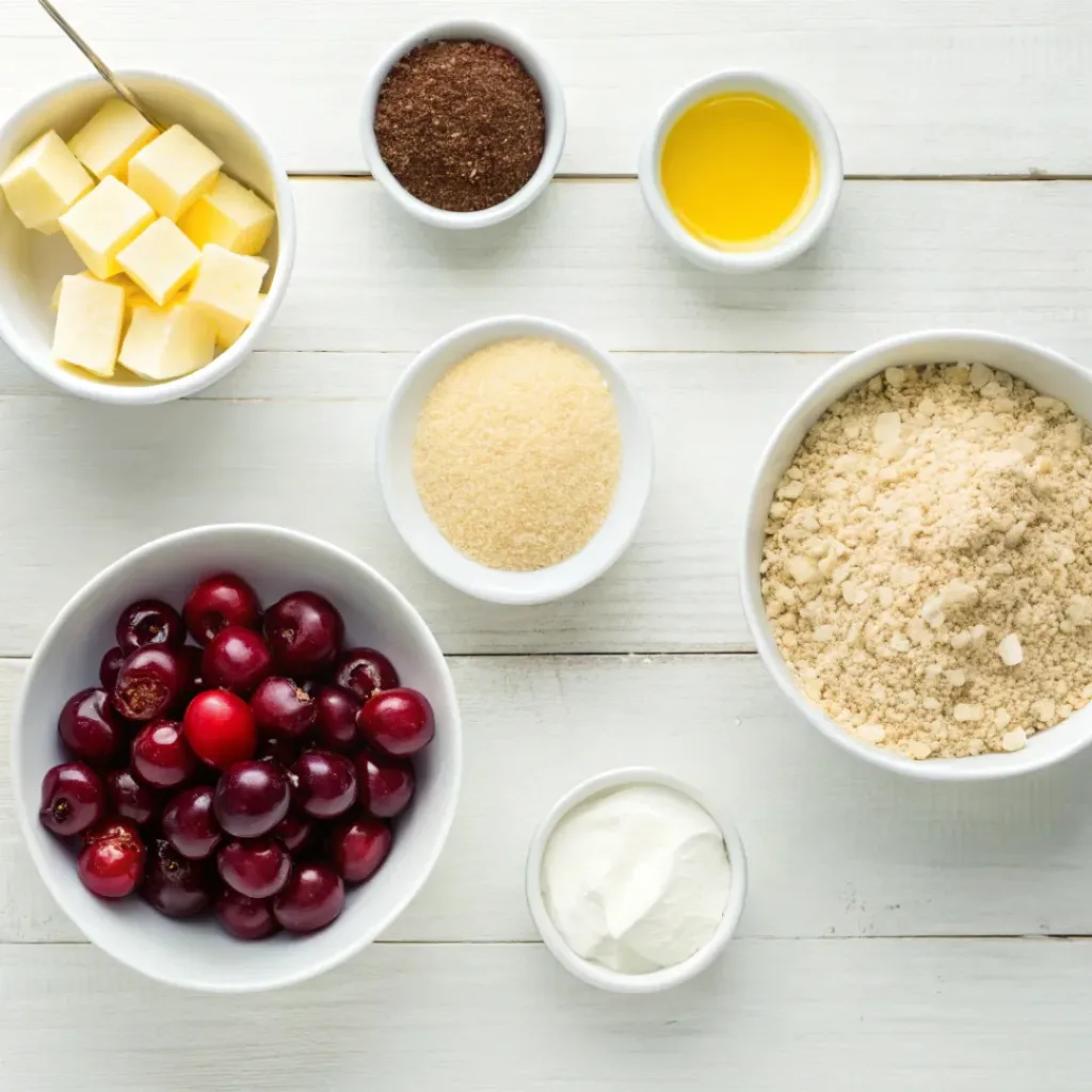 Flat lay of cherries, flour, oats, butter, sugar, and lemon juice