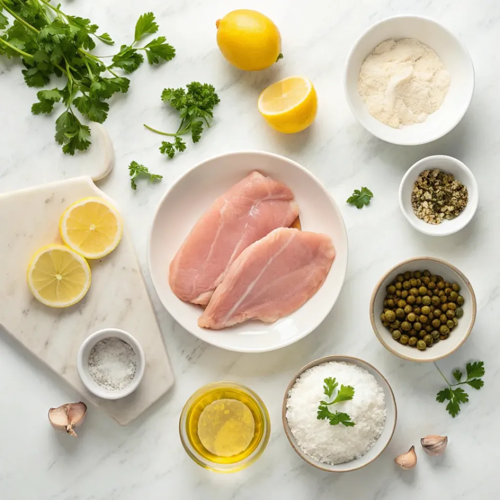 Chicken cutlets, lemons, capers, garlic, butter, and parsley