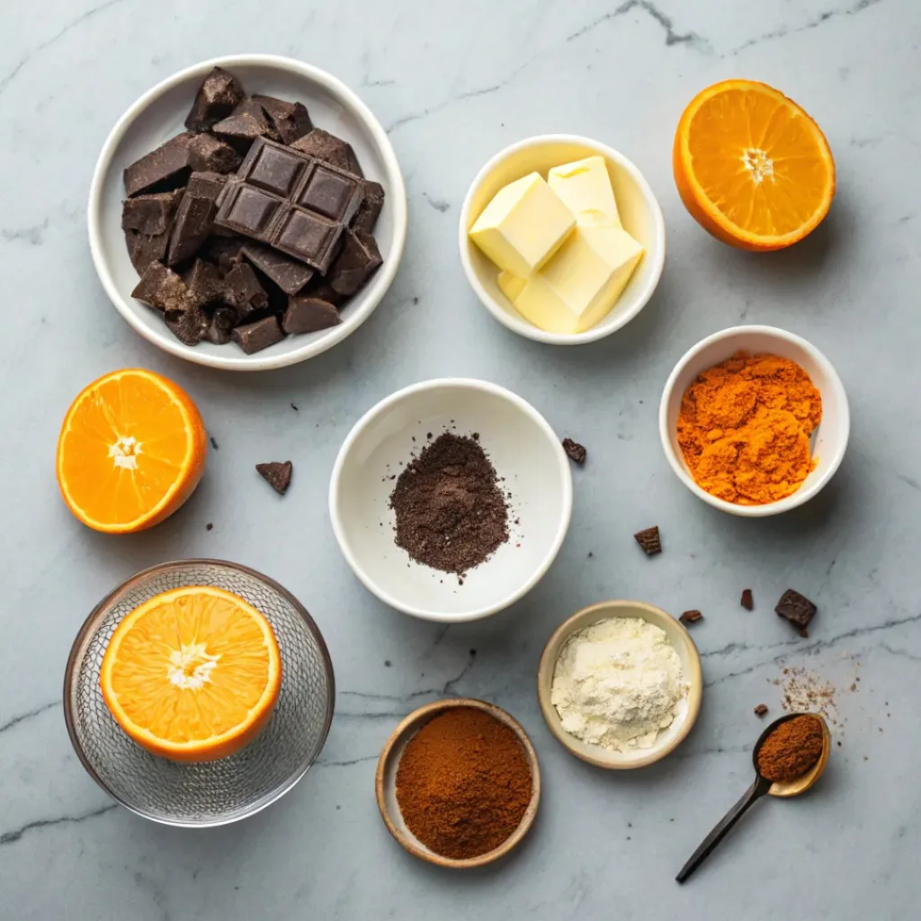 Flat lay of dark chocolate, cream, butter, orange zest, and cocoa powder
