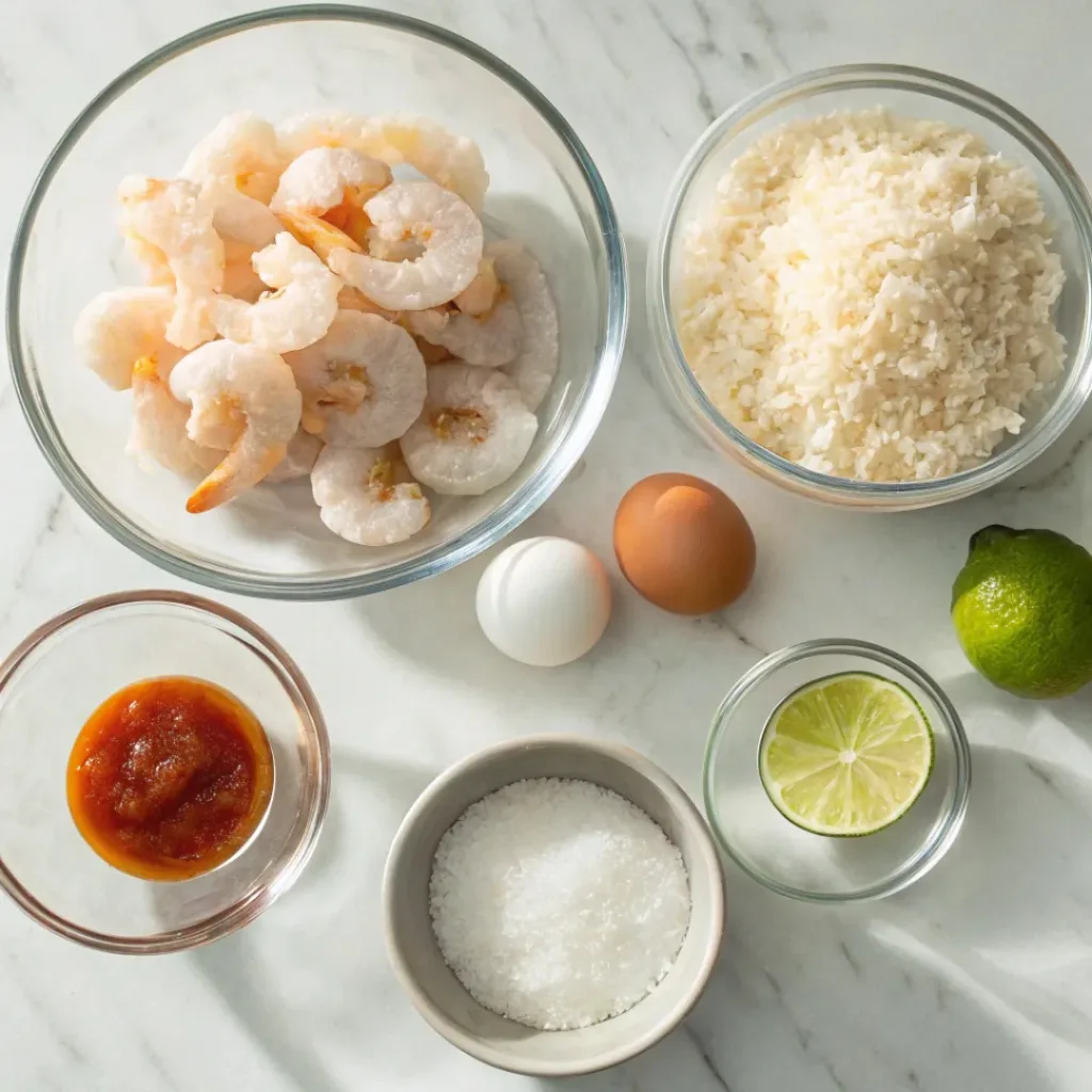 Shrimp, shredded coconut, eggs, flour, breadcrumbs, and dipping sauce