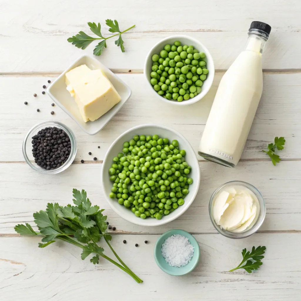 Flat lay of green peas, butter, cream, salt, pepper, and herbs