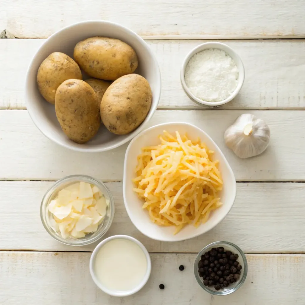 Flat lay of potatoes, cheese, cream, butter, garlic, and seasonings