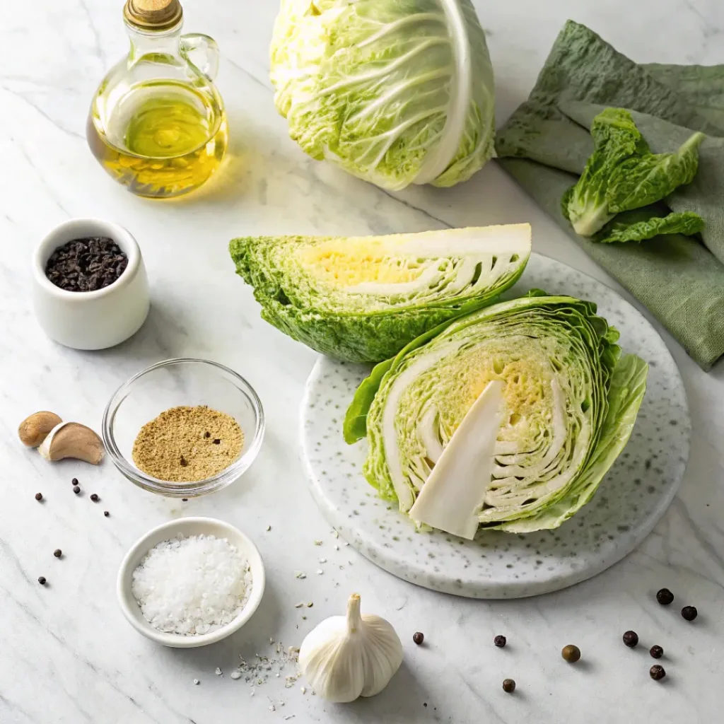 Crispy Cabbage Wedges – Golden, Crispy & Easy 6 Whole cabbage, olive oil, garlic, and seasonings on marble background