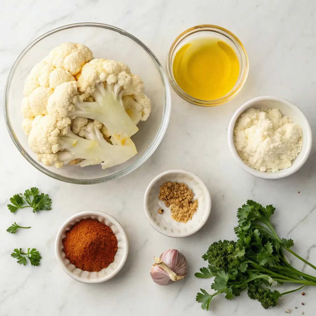 Cauliflower florets, olive oil, seasonings, and parsley on marble surface