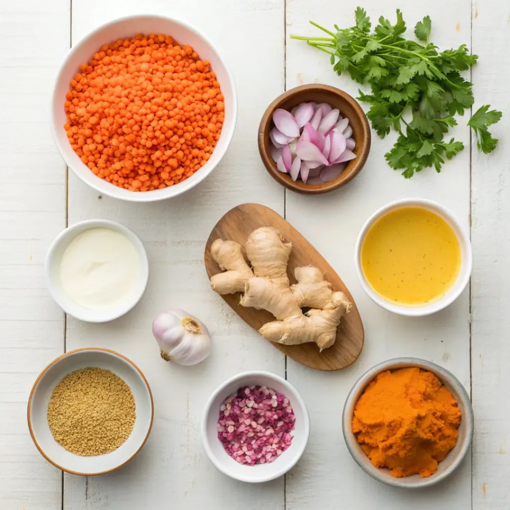Flat lay of red lentils, vegetables, coconut milk, spices, and cilantro