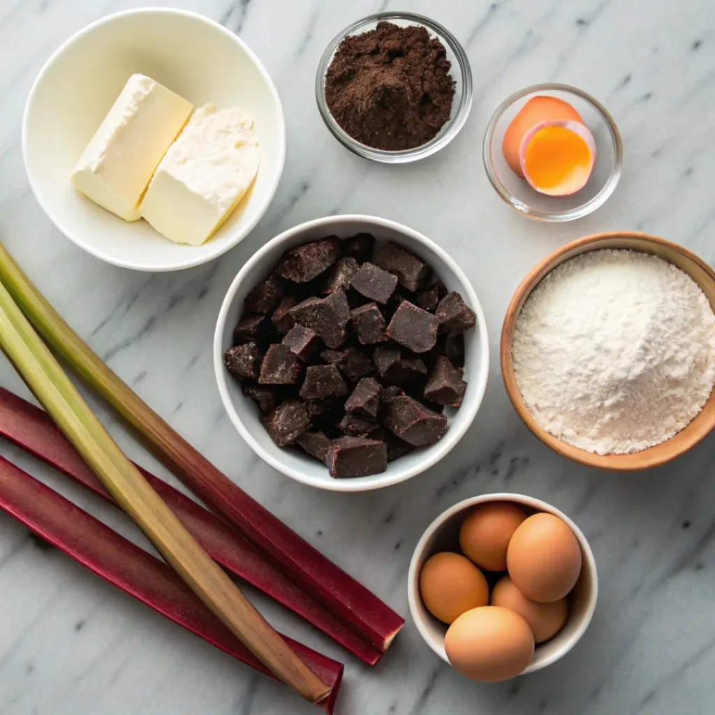 Flat lay of dark chocolate, butter, sugar, eggs, flour, cocoa, and rhubarb