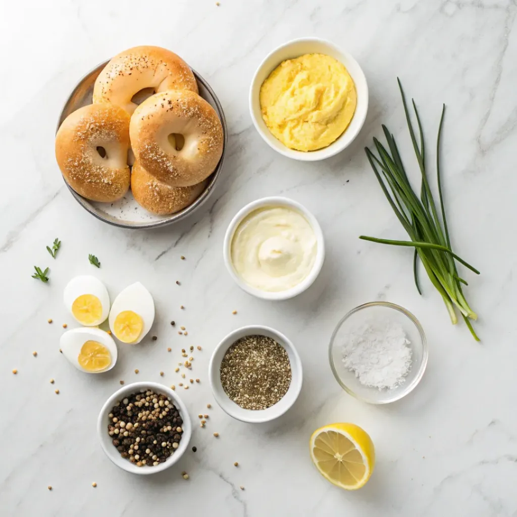 Flat lay of eggs, mayonnaise, mustard, and everything bagel seasoning