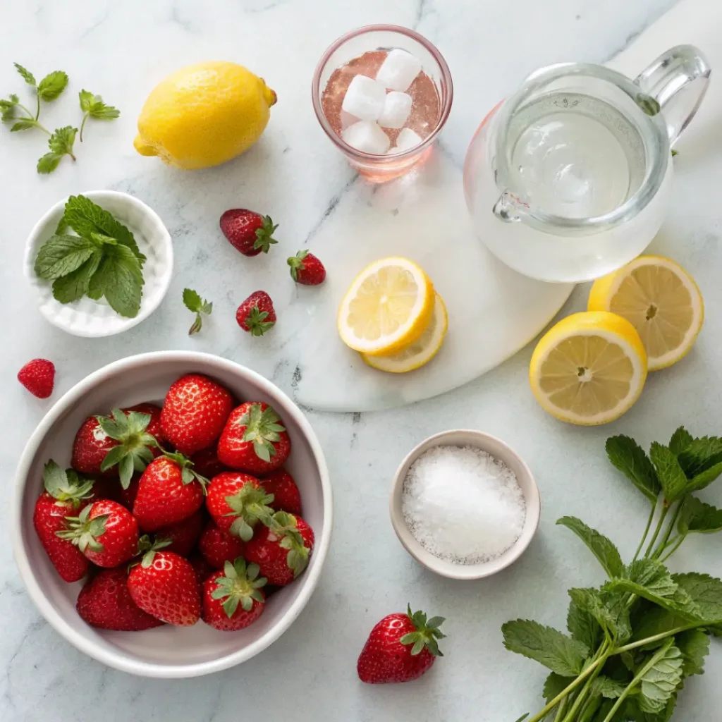 Strawberries, lemons, sugar, mint, and ice for lemonade