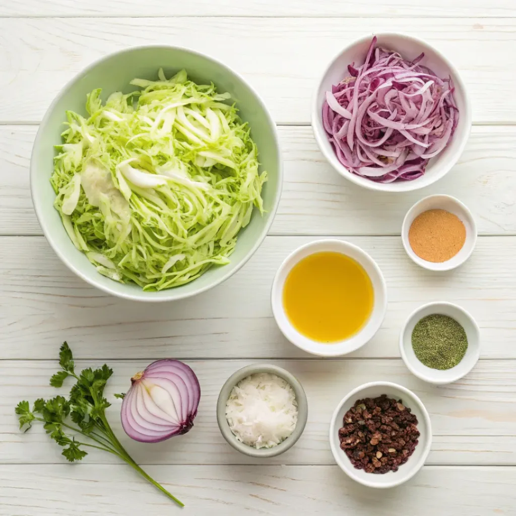 Fried Cabbage – Quick & Savory Side Dish 6 Flat lay of shredded green and purple cabbage, onions, garlic, oil, and spices