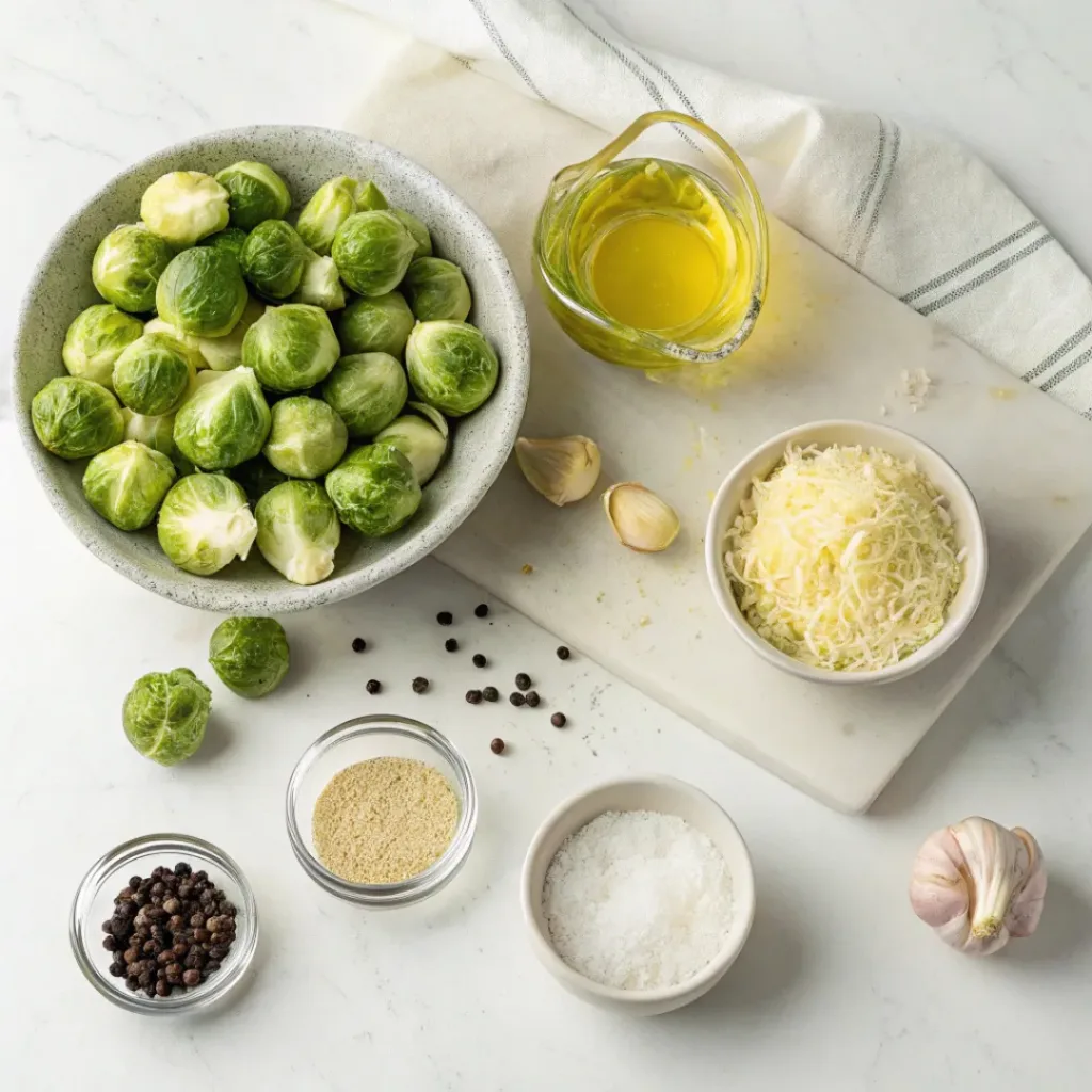 Brussels sprouts, garlic, olive oil, and parmesan on marble background