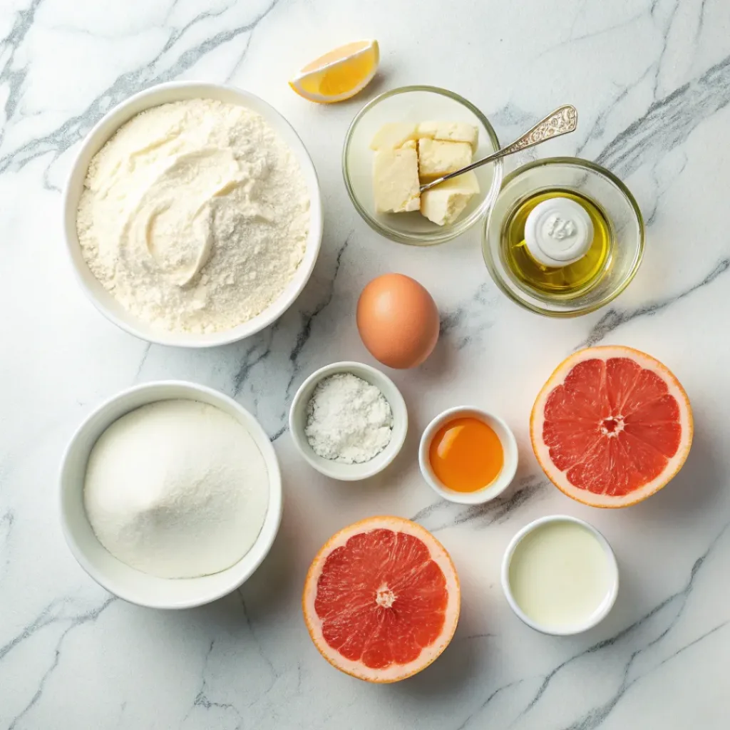 Flat lay of flour, sugar, yogurt, eggs, grapefruit, and baking ingredients