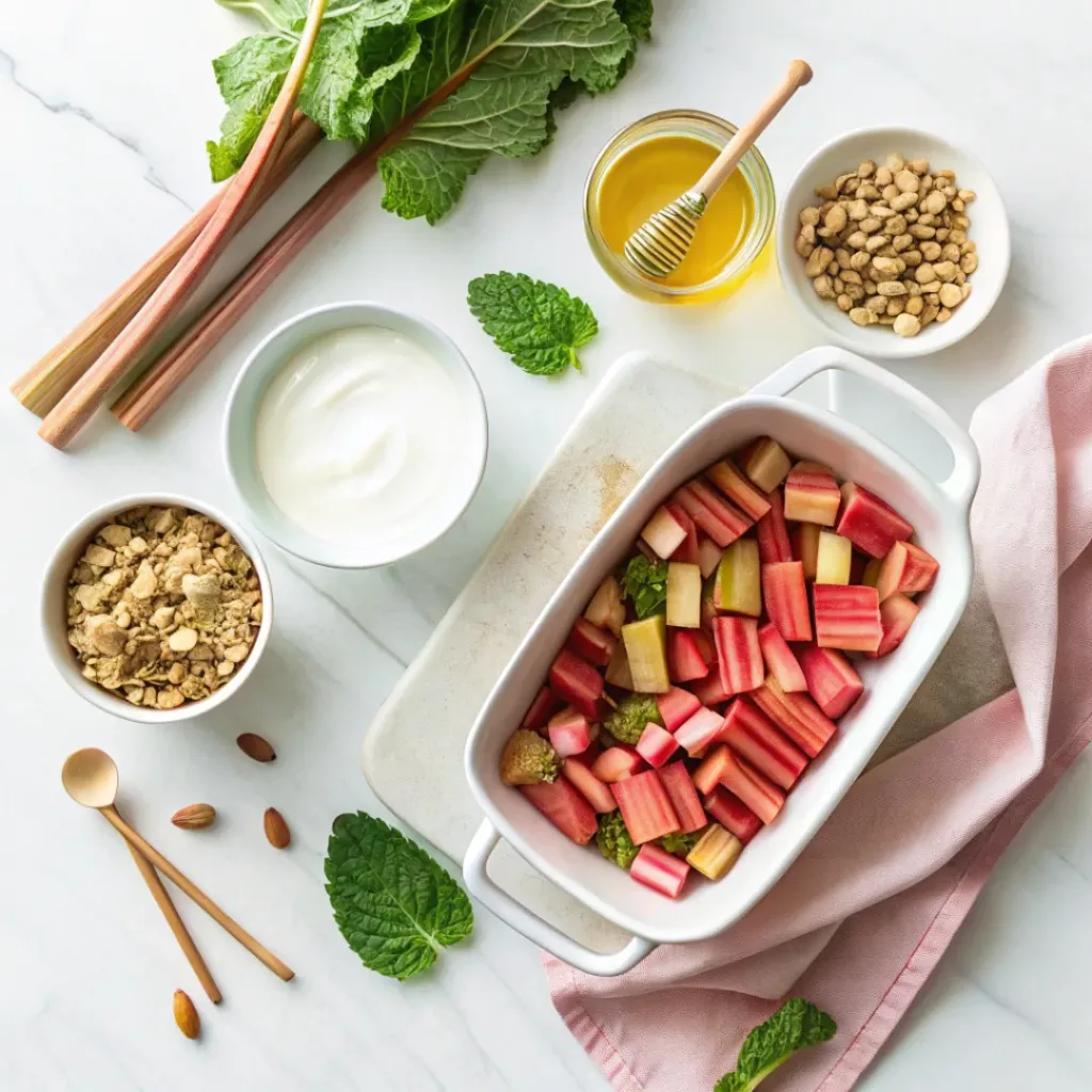 Rhubarb, yogurt, honey, granola, and mint ingredients