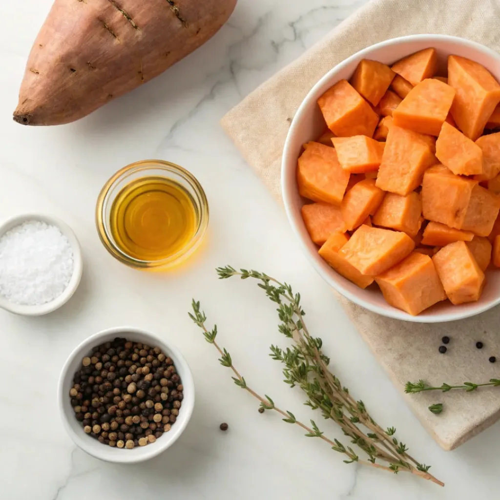 Honey Roasted Sweet Potatoes – Sweet & Caramelized 6 Cubed sweet potatoes, honey, olive oil, herbs, and seasonings