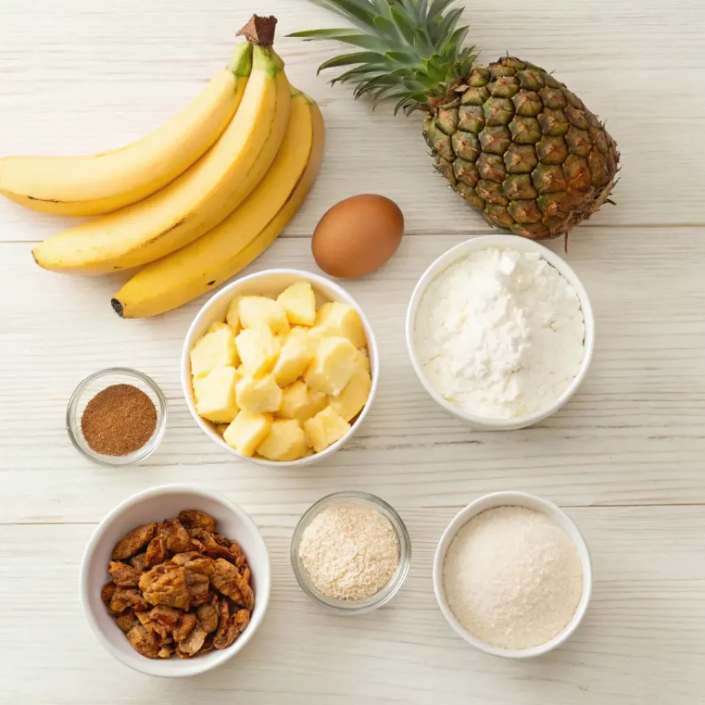 Flat lay of bananas, pineapple, flour, sugar, eggs, nuts, and cream cheese for Hummingbird cake