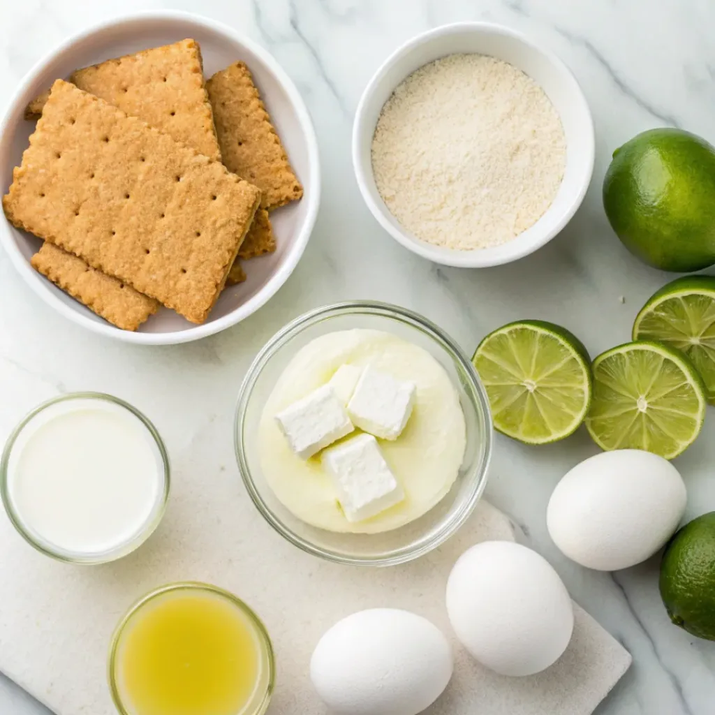 Flat lay of graham crackers, lime juice, eggs, butter, sugar, and condensed milk for Key Lime Pie Bars