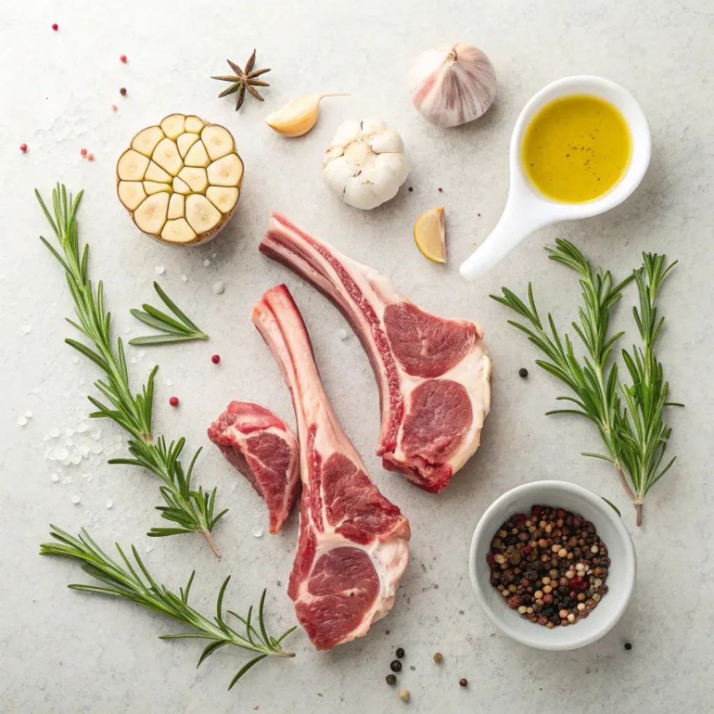 Flat lay of lamb chops, rosemary, garlic, olive oil, and lemon