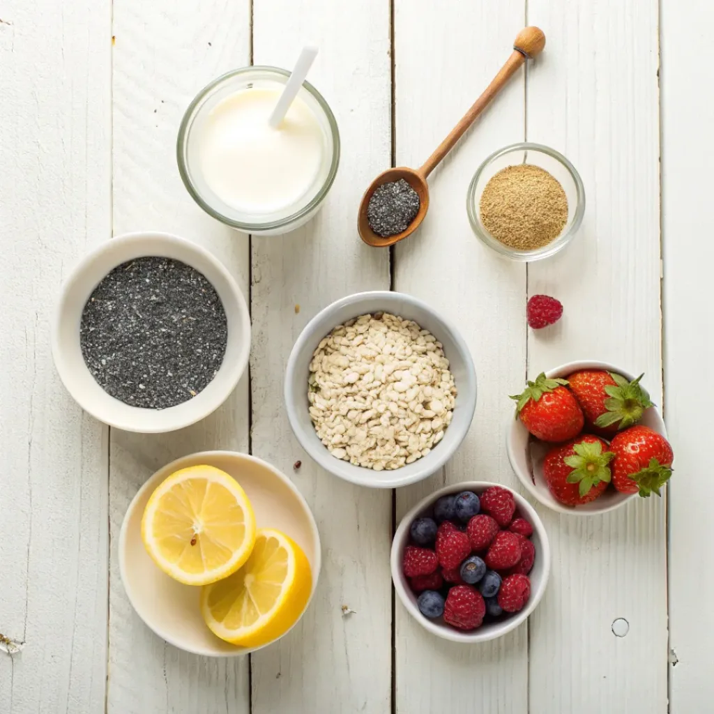 Lemon Poppy Seed Overnight Oats – Quick & Healthy Breakfast 6 Flat lay of oats, milk, yogurt, lemon zest, poppy seeds, honey, and berries