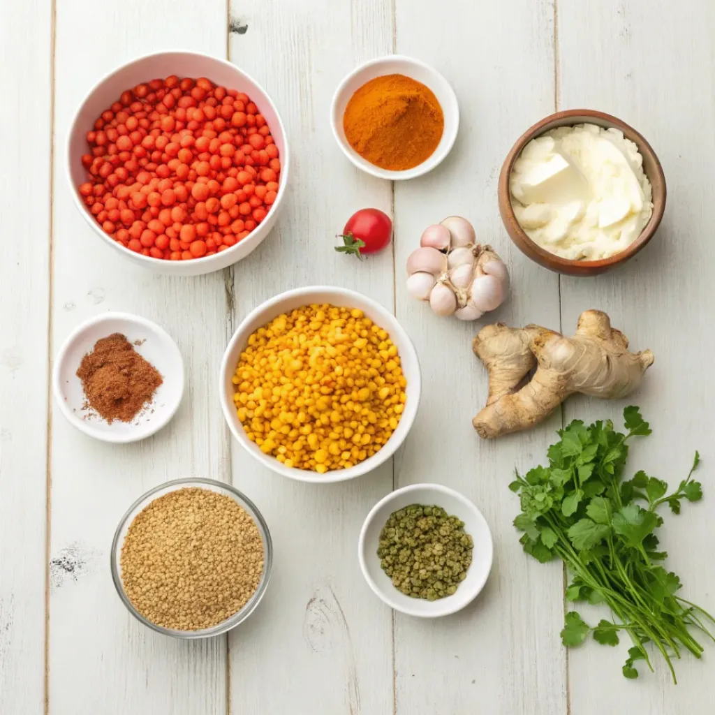 Flat lay of lentils, spices, coconut milk, onion, garlic, ginger, and tomatoes