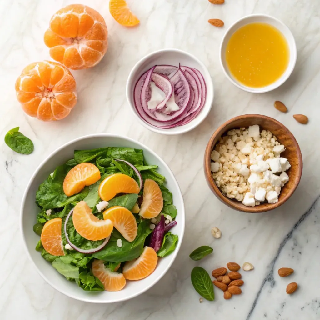Mandarin Orange Salad – Refreshing Citrus Delight 6 Mandarin oranges, mixed greens, feta, almonds, and vinaigrette