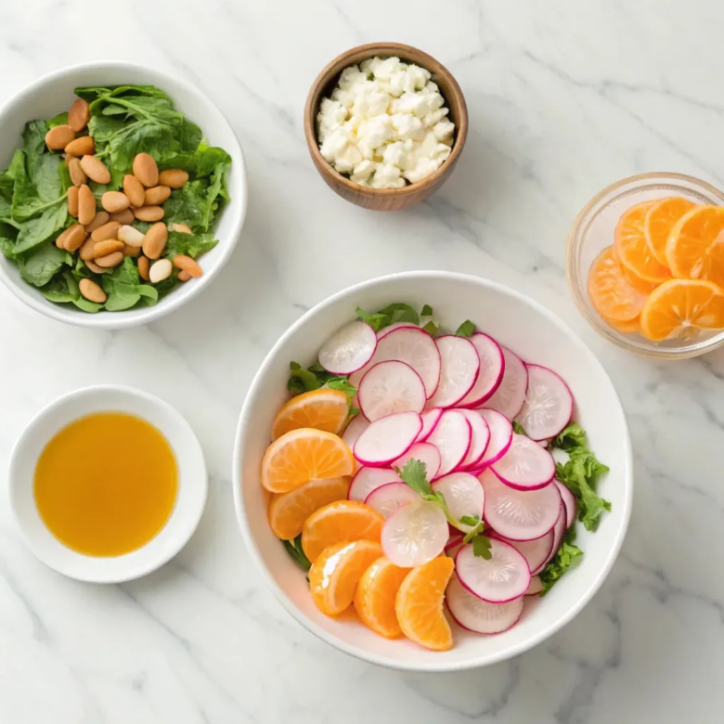 Mandarins, rainbow radishes, greens, cheese, nuts, and vinaigrette
