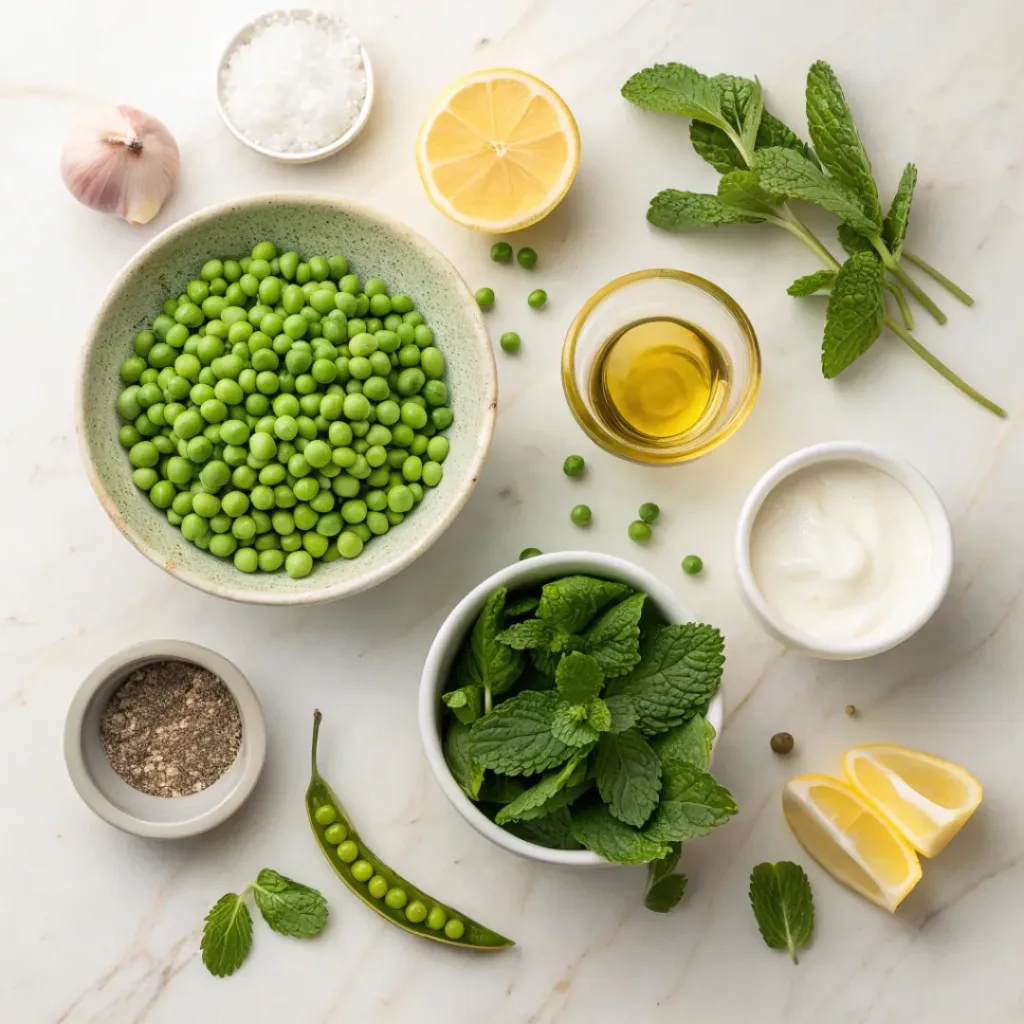 Peas, fresh mint, lemon, olive oil, and garlic
