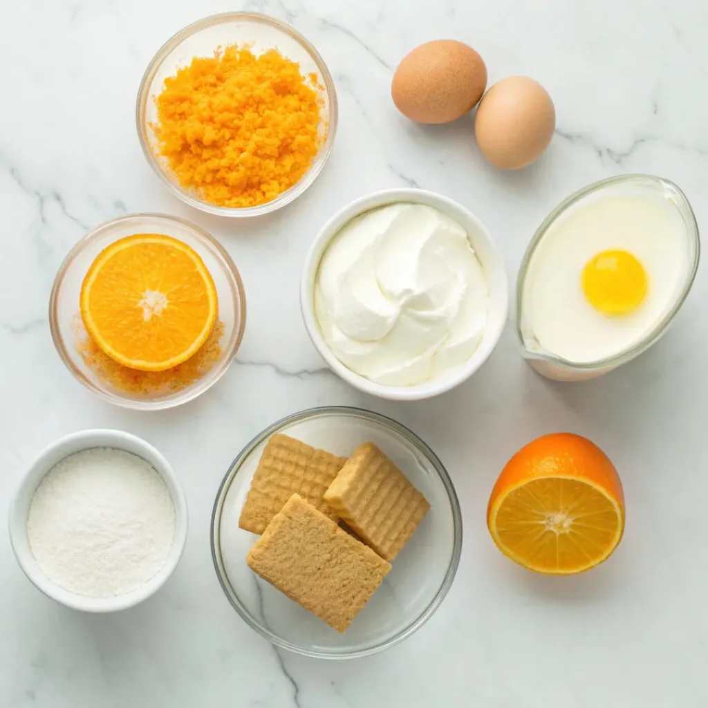 Flat lay of cream cheese, sugar, eggs, orange juice, zest, butter, and graham cracker crumbs