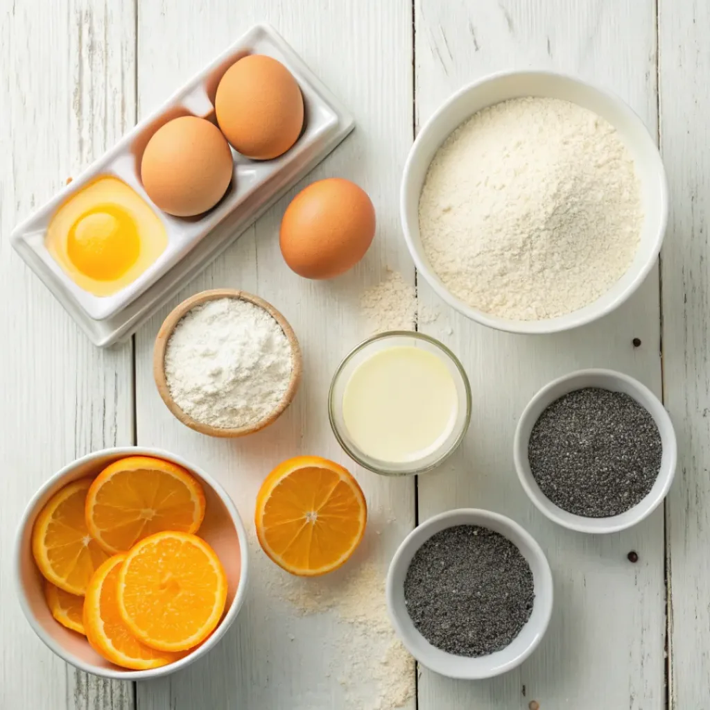 Flat lay of flour, sugar, butter, eggs, milk, orange juice, zest, and poppy seeds