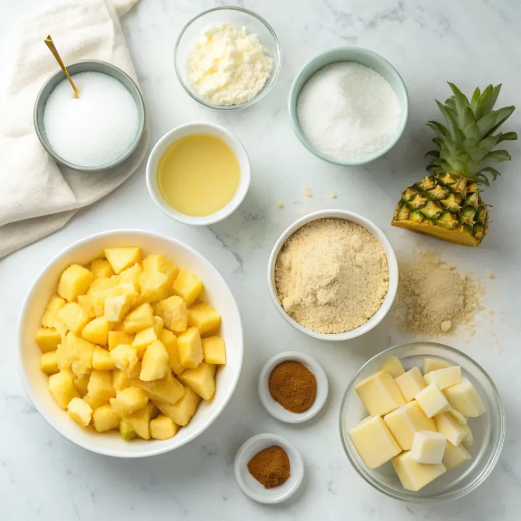 Flat lay of pineapple, flour, sugar, butter, milk, and baking ingredients