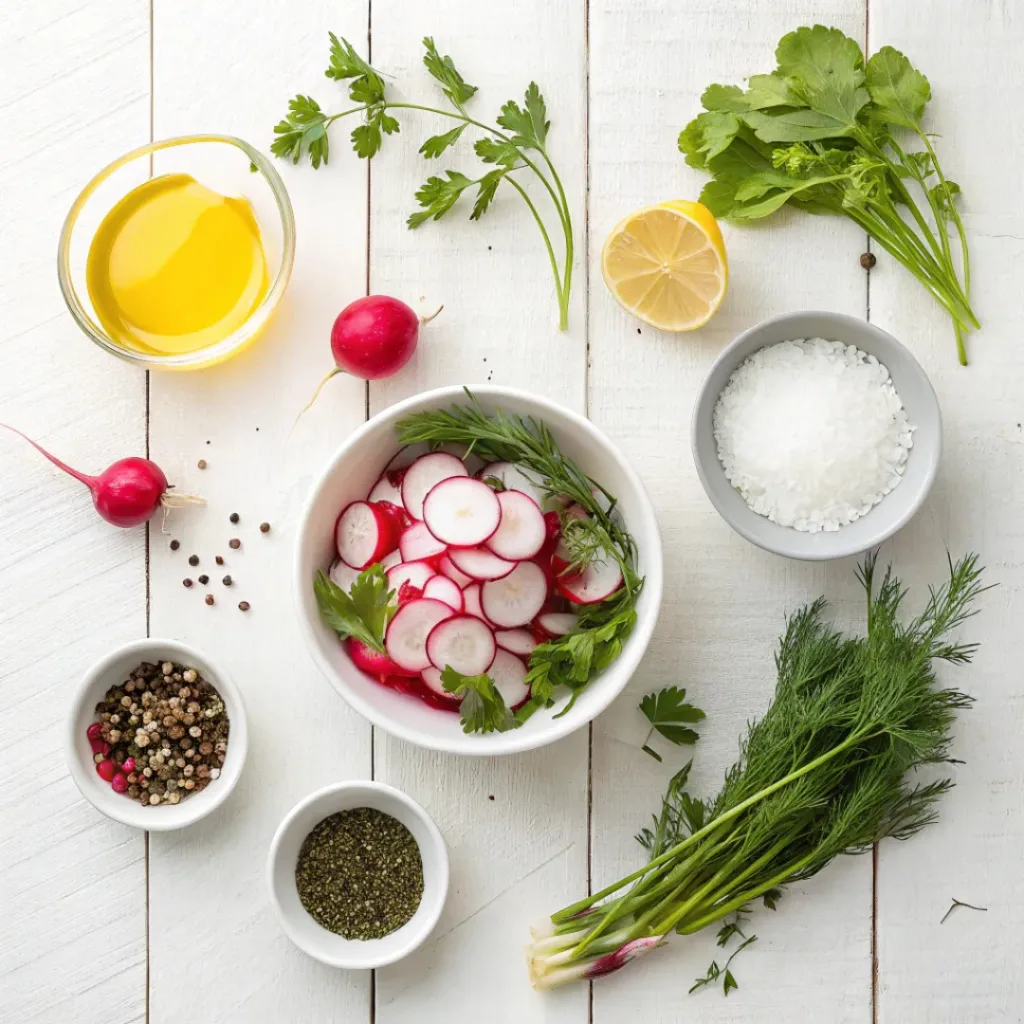 Spring Radish Salad – Fresh & Crunchy Side Dish 6 Flat lay of radishes, herbs, olive oil, lemon, and seasoning