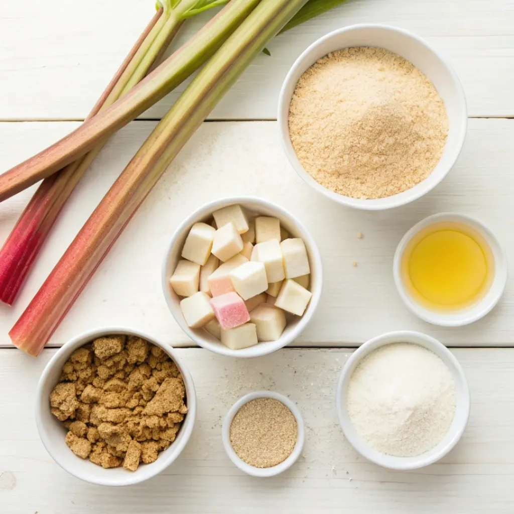 Flat lay of rhubarb, sugars, flour, oats, and butter for crumble bars