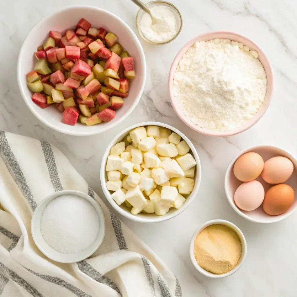 Flat lay of rhubarb, white chocolate, flour, sugar, butter, eggs, and vanilla