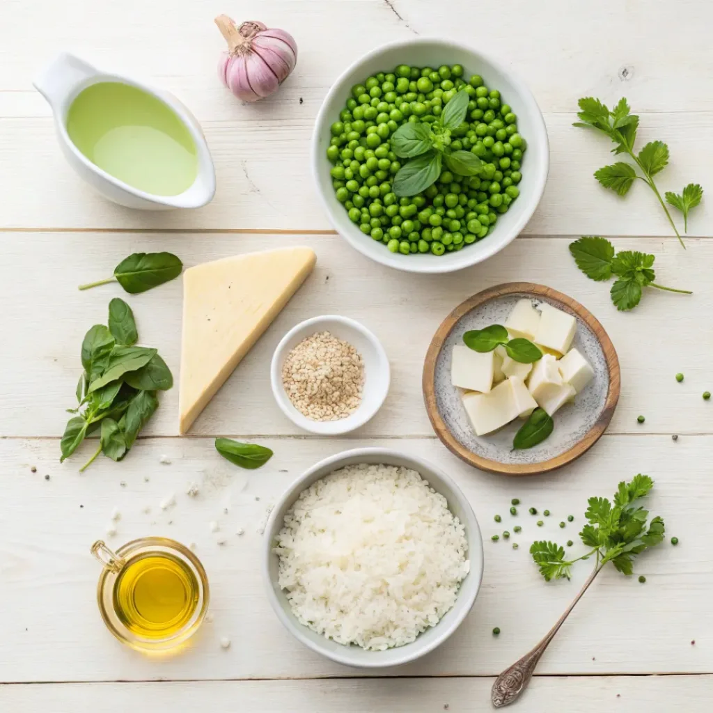 Flat lay of Arborio rice, green peas, mint, Parmesan, butter, and stock for risotto