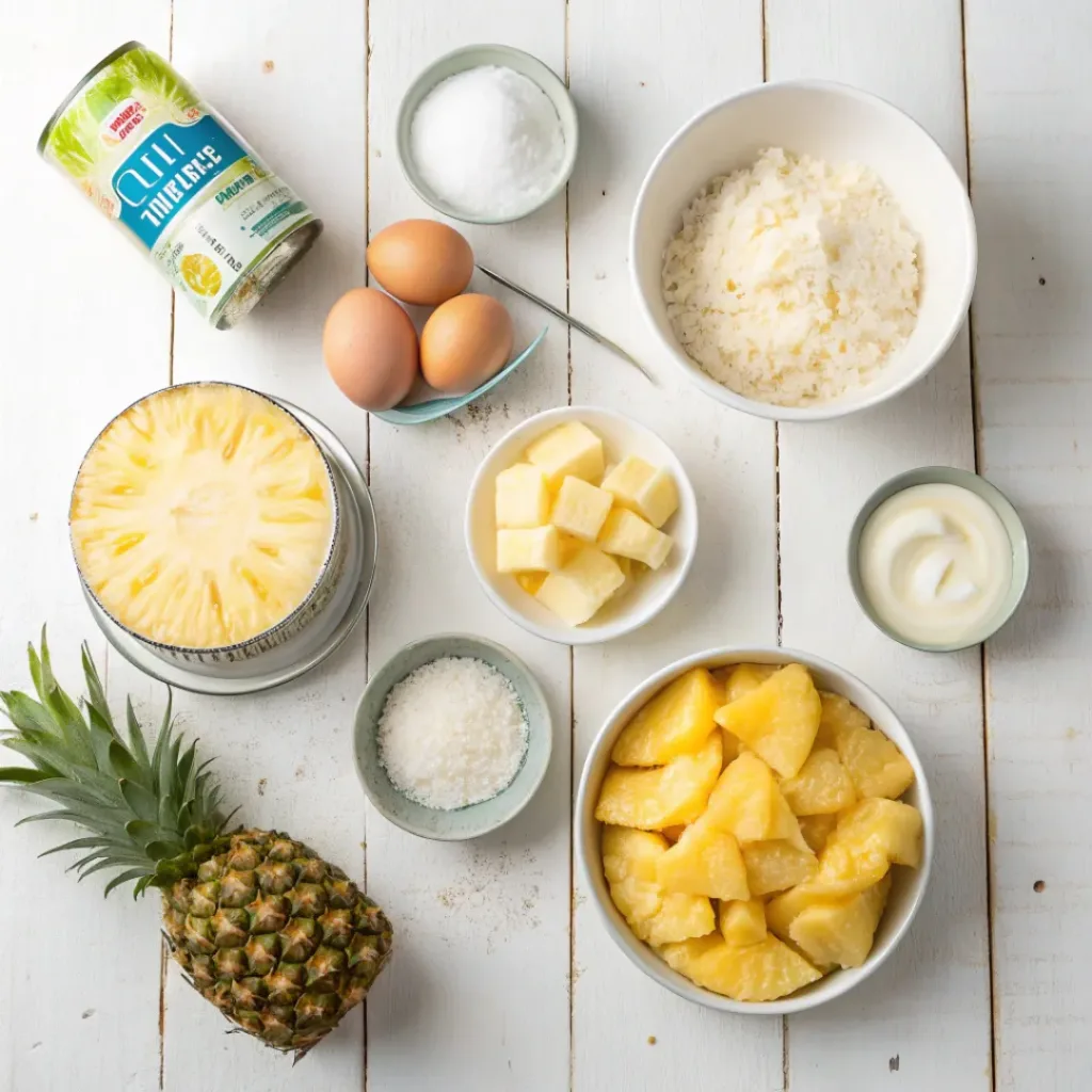 Flat lay of pineapple slices, sugar, flour, eggs, milk, butter, and coconut