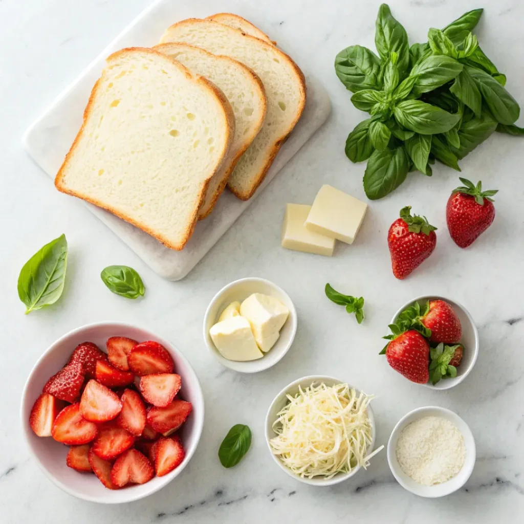 Bread, strawberries, basil, cheese, and butter ingredients flat lay