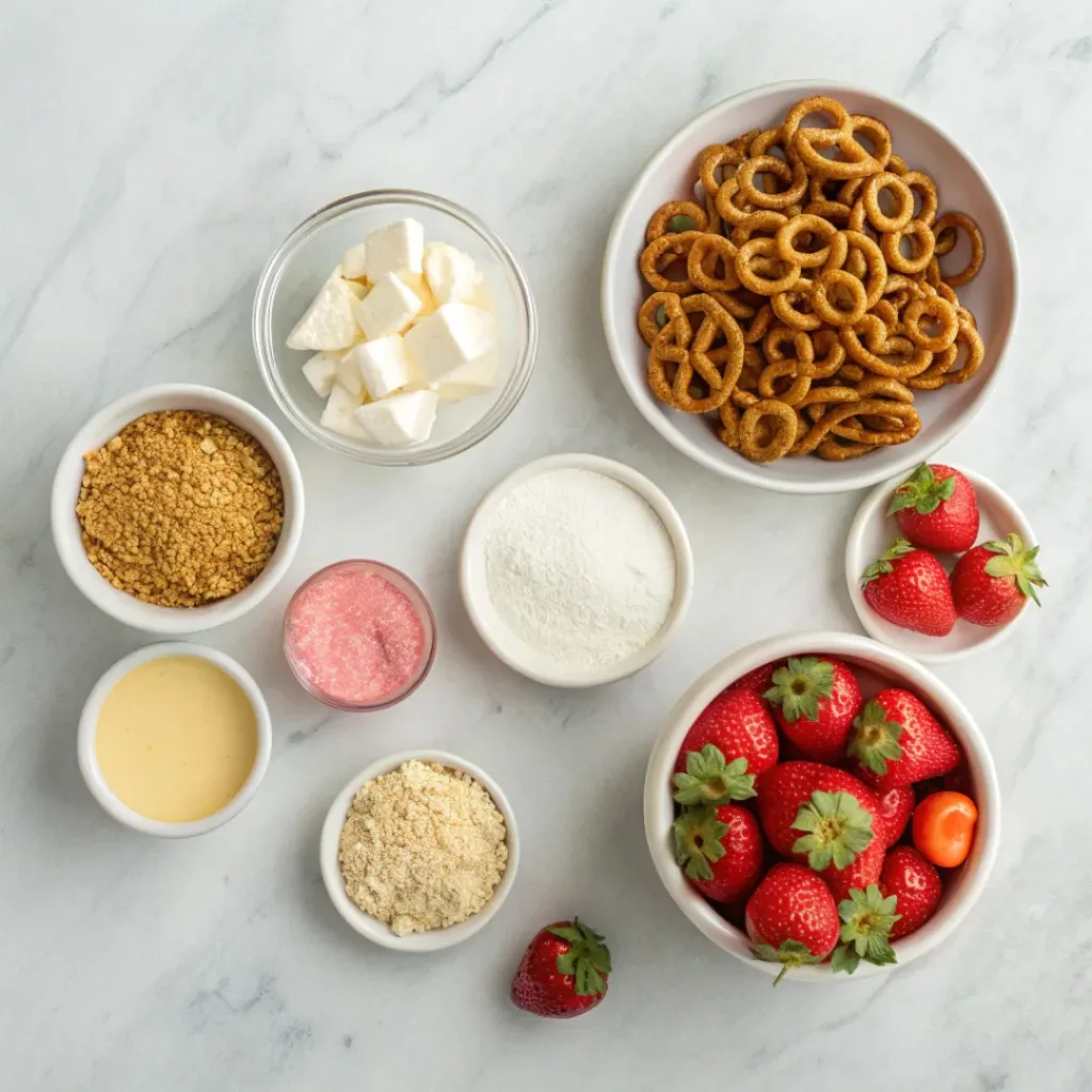 Flat lay of pretzels, cream cheese, strawberries, gelatin, butter, and sugar