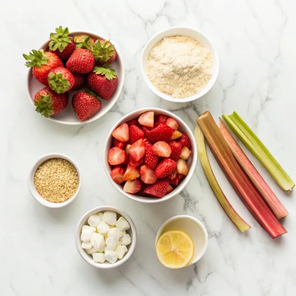 Flat lay of strawberries, rhubarb, oats, sugar, flour, and butter for crumble