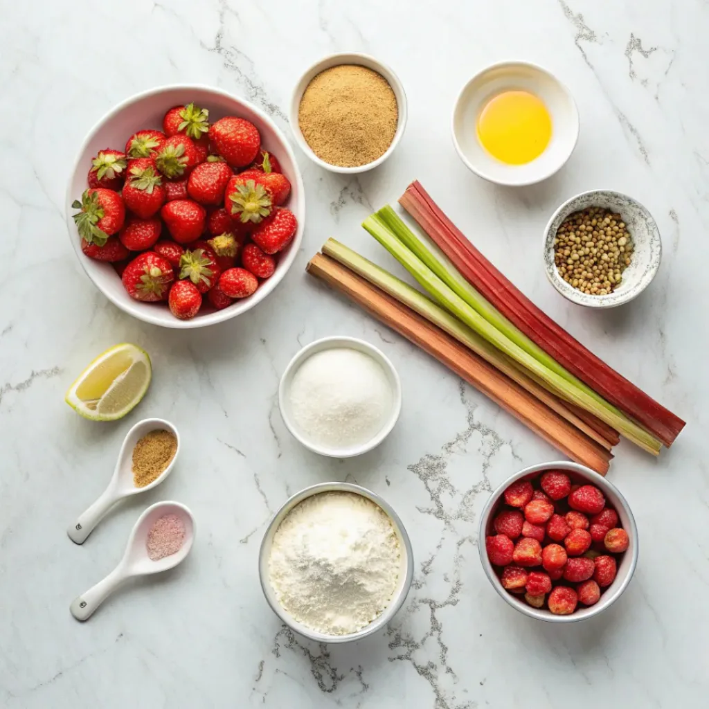 Flat lay of strawberries, rhubarb, sugar, flour, butter, and pie dough