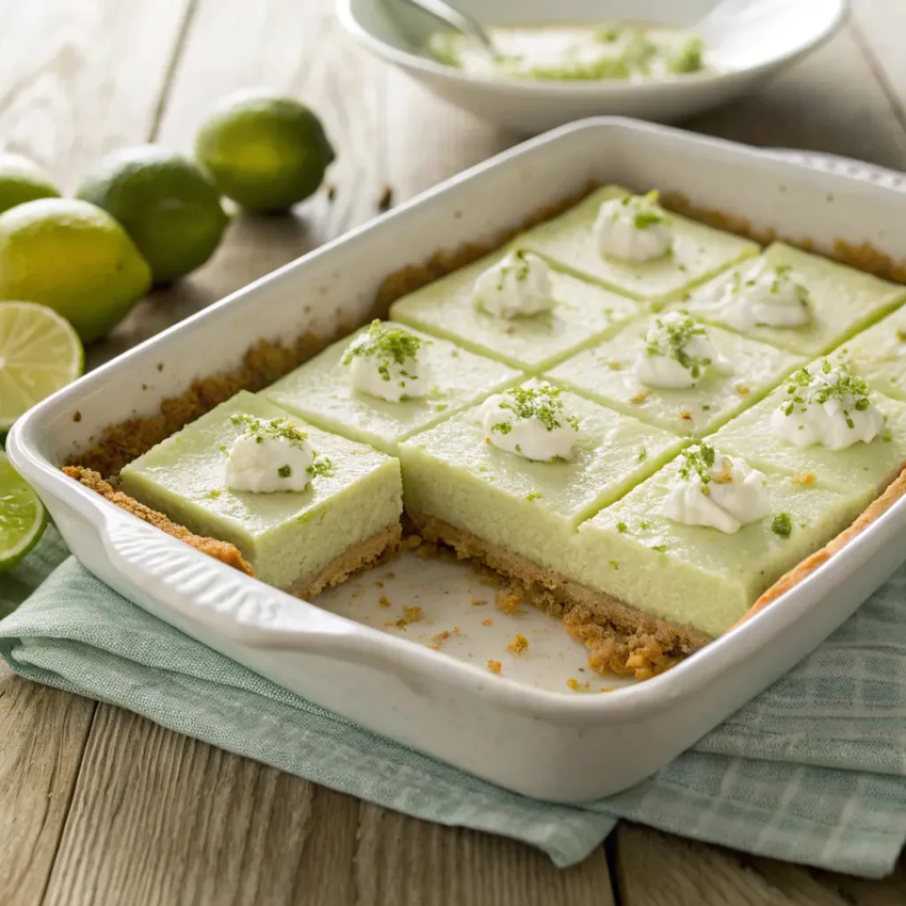 Square Key Lime Pie Bars with creamy filling and graham cracker crust, garnished with lime zest