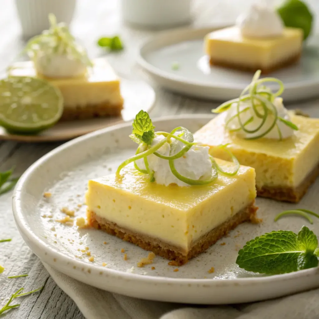 Key Lime Pie Bars served on a plate with lime zest and whipped cream
