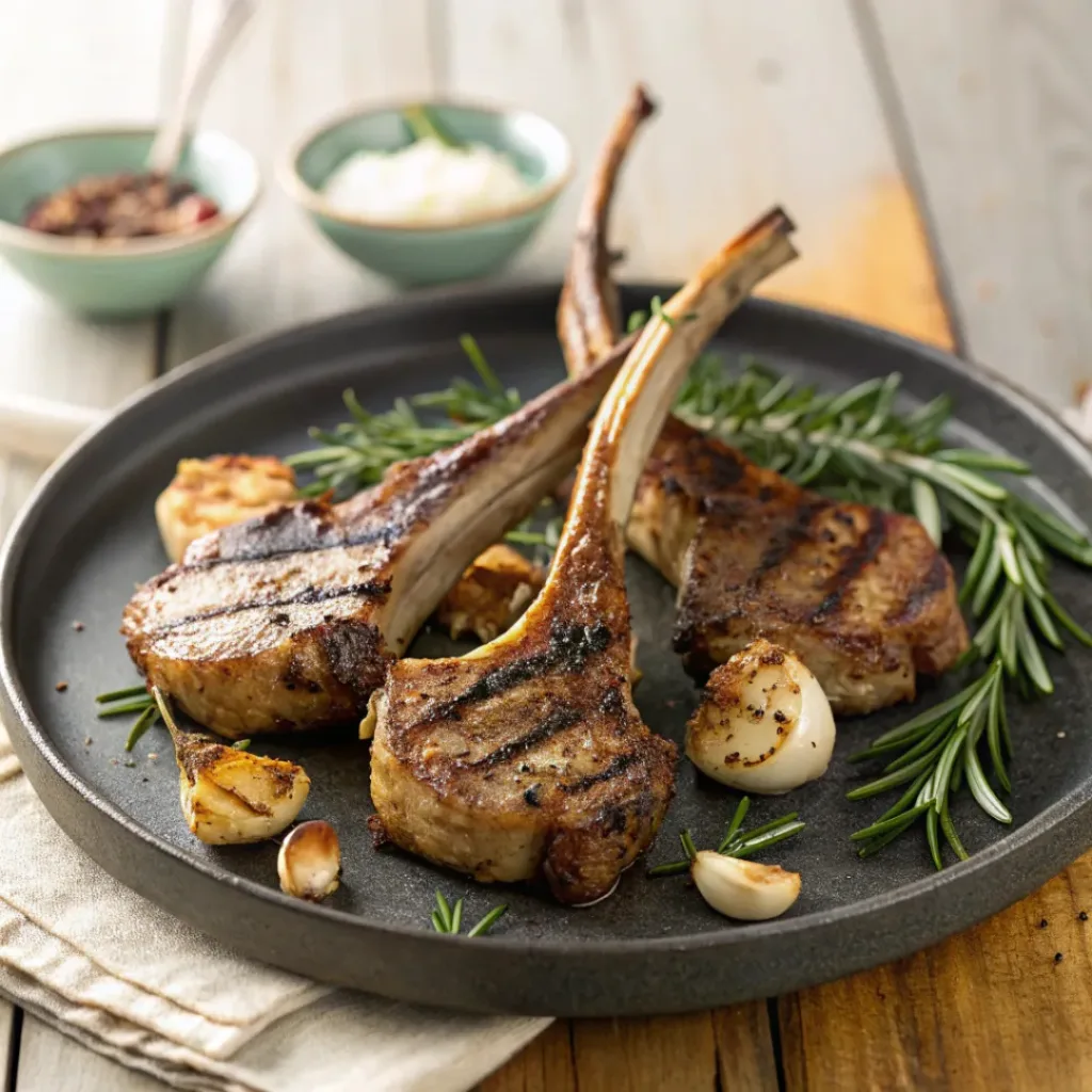 Grilled lamb chops seasoned with rosemary and garlic on a ceramic plate