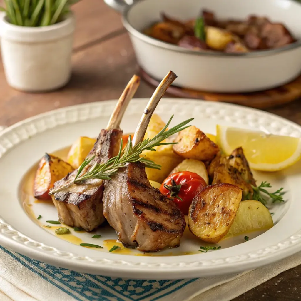 Lamb chops with rosemary and garlic served with roasted potatoes and vegetables