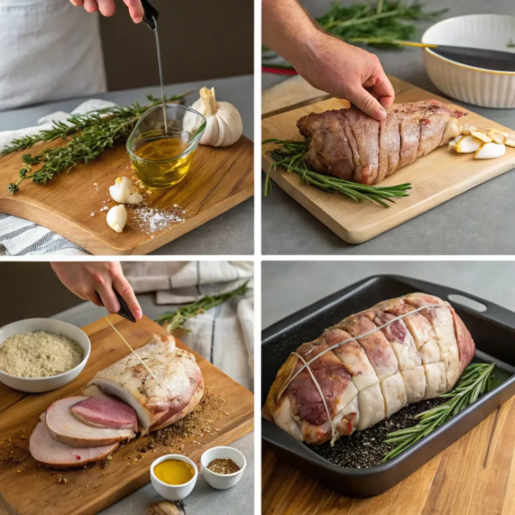 Four-panel collage showing how to season, roast, and slice a boneless leg of lamb