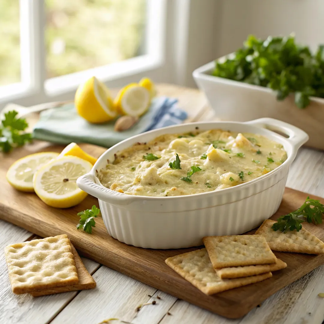 Creamy lemon artichoke dip with golden top
